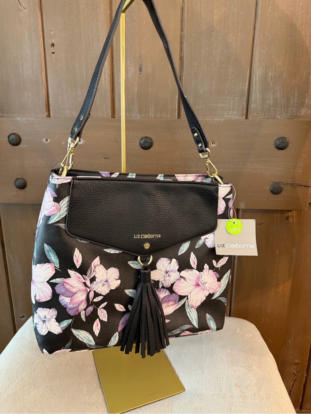 Liz Claiborne‎ Black Floral Shoulder Bag with Tassel